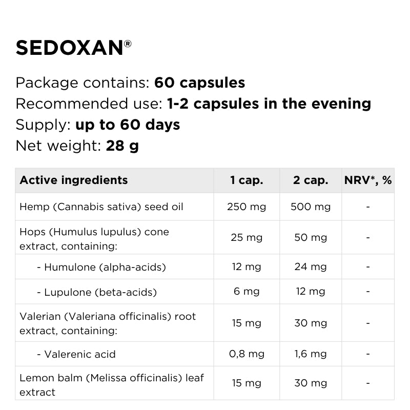 supplement for sleep with valerian, lemon balm and hoops sedoxan