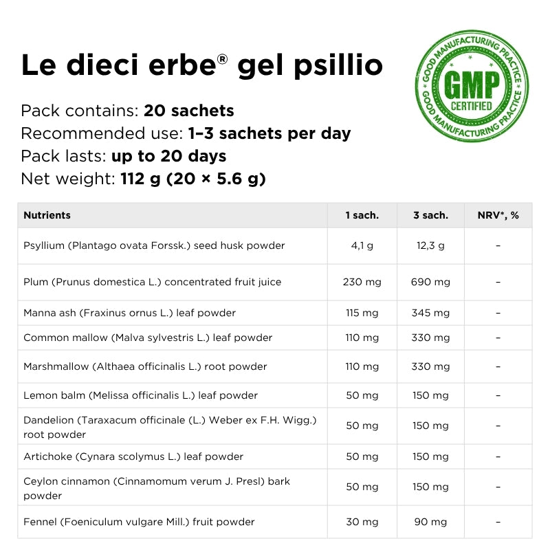 Food supplement with psyllium fiber for intestinal health Le Dieci Erbe® Gel Psillio