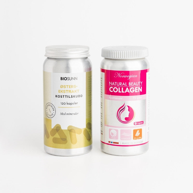 jūrinio kolageno milteliai ir austrių ekstrakto kapsulės 