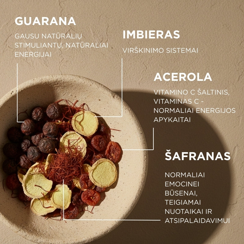 Food supplement with saffron, acerola, guarana and ginger Happy Shot