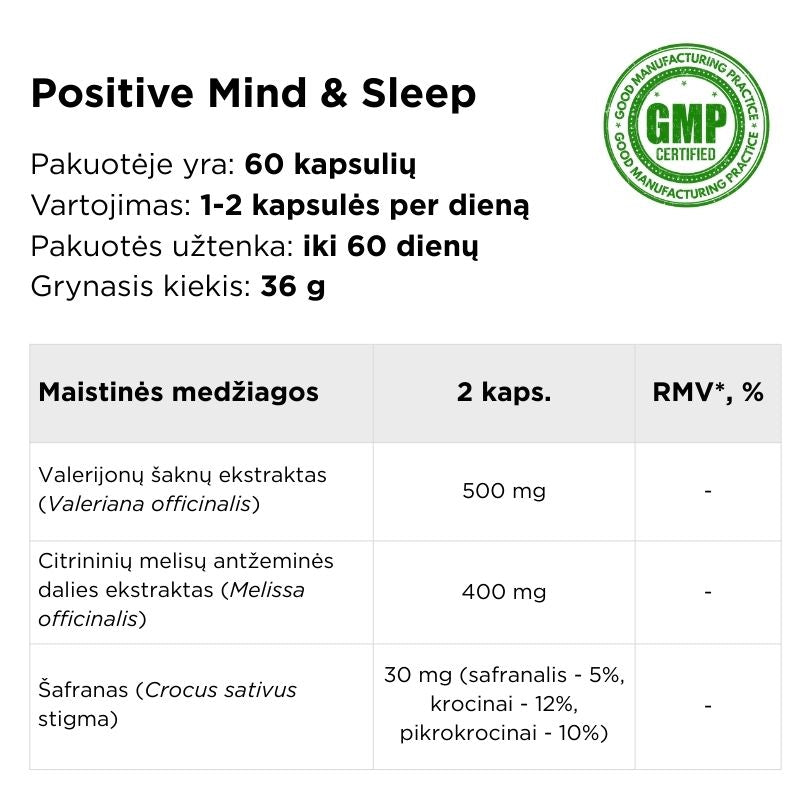 Food supplement with saffron, valerian and lemon balm Positive Mind & Sleep